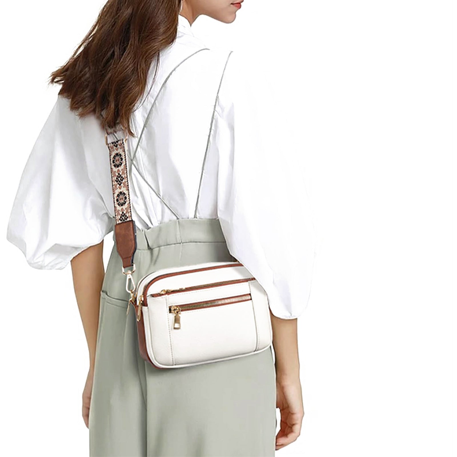 Triple-Zipper Colorblock Crossbody Bag with Floral Embroidered Strap