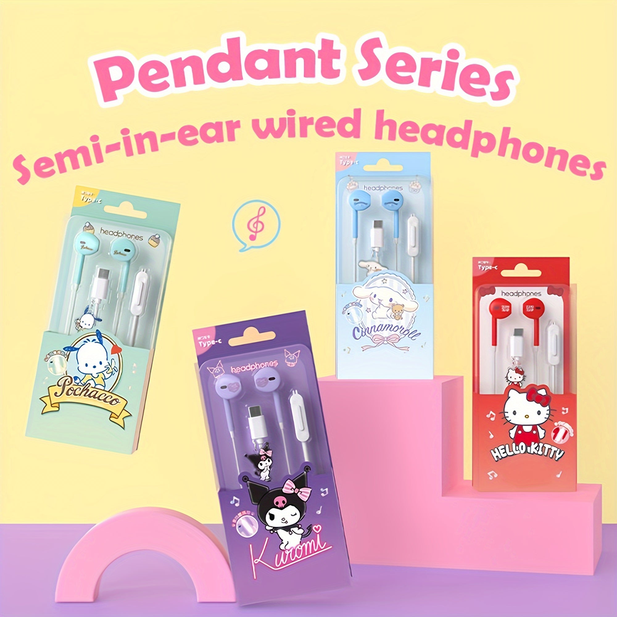 [4pcs Hello Kitty In-Ear Headphones] 4pcs/set Cute Cartoon-Themed In-Ear Wired Headphones with Acrylic Pendant & Print, Comfortable Fit, Easy Control Button, Type-C Connector, Ideal for Daily Use, Holiday & Graduation Gifts -