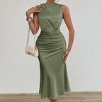 Ruched Satin-Finish Midi Dress