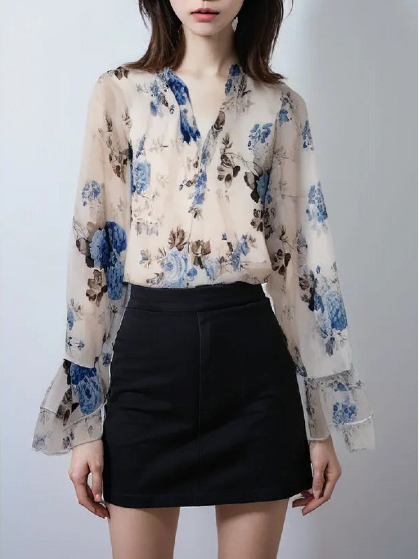 Vintage V-Neck Chiffon Blouse with Lotus Leaf Sleeves
