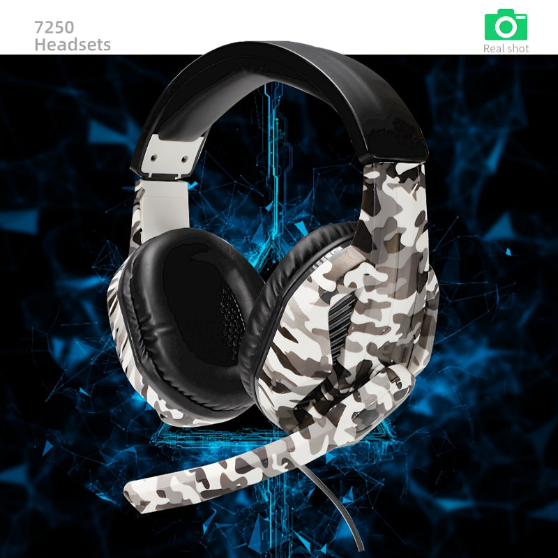 Headset with Microphone for PS4 PS5pcs XBOX ONE SWITCH | Ergonomic Design, Comfortable Wear, Gray Camouflage, Sound Isolation, Wired, Volume Control, Retractable Cable, 3.5mm Jack, USB Powered