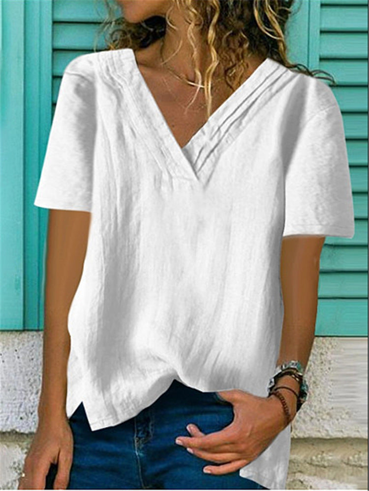 Large V-neck Hem Bifurcated Short-sleeved Cotton And Linen Layers