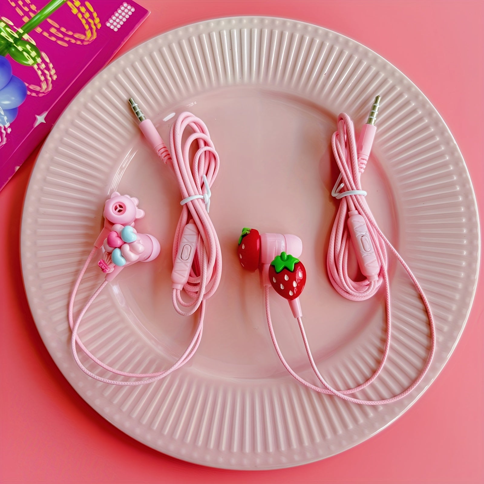 DIY cute strawberry shape pink wired headset,3.5mm socket compatible with all 3.5mm interface equipment,Built-in HD microphone,Stereo high-definition call mobile phone headset, durable round cable,comfortable earplugs,Suitabl