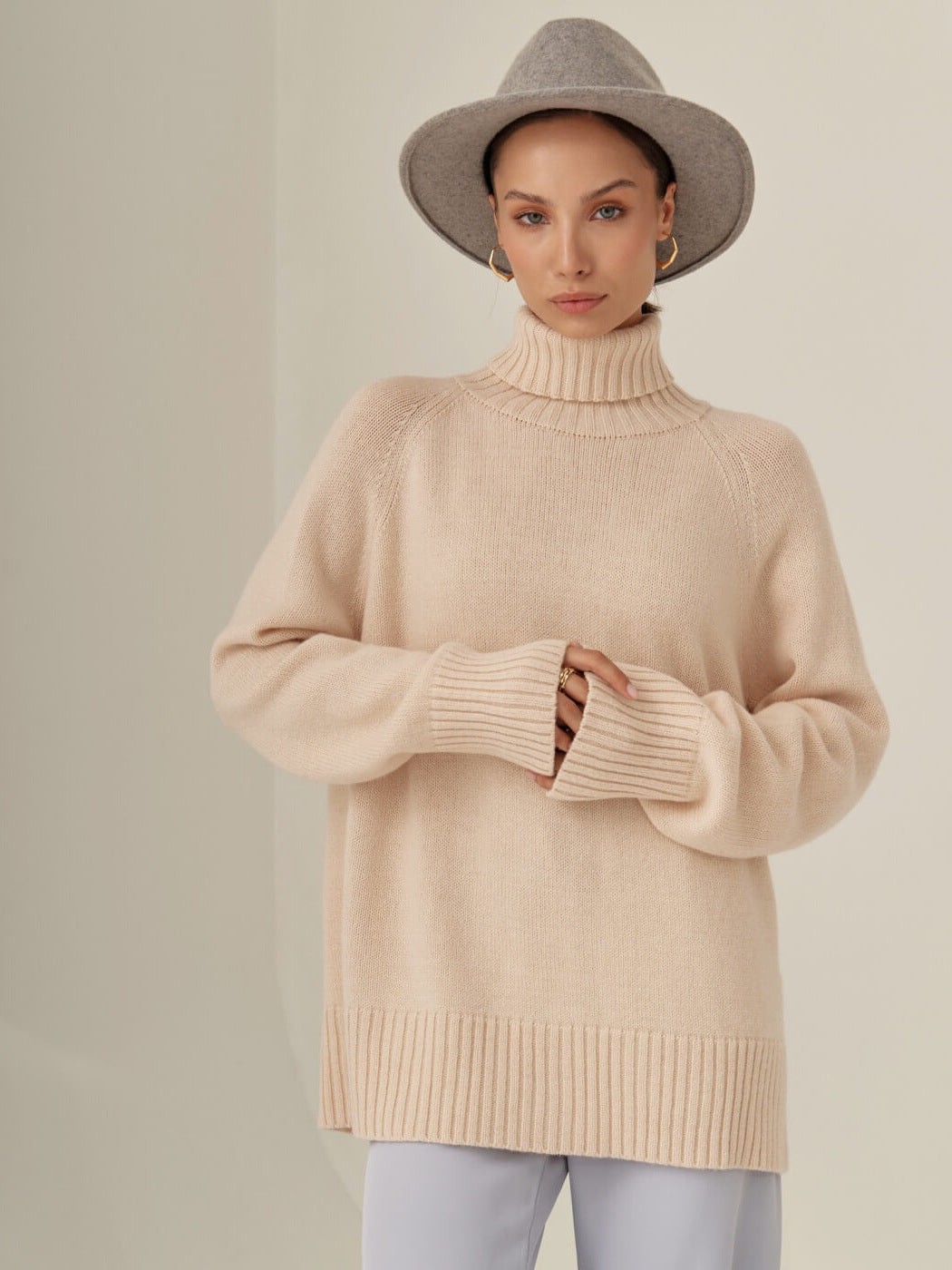 Solid-Color Raglan Sleeve Turtleneck Sweater