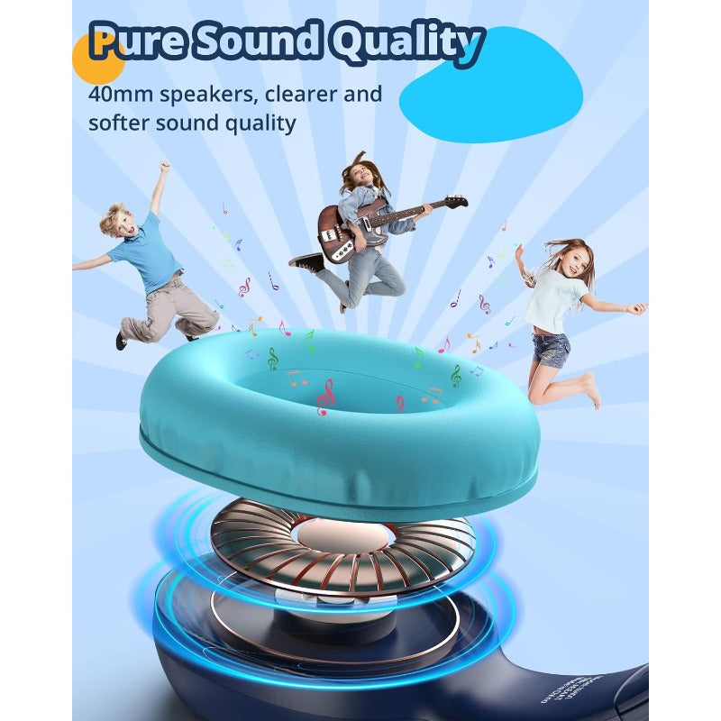 KH01 Blue Headphones for /Teens - Safe Volume Limit (85/93dB), HD Stereo Sound, Foldable Over-Ear Headphones with 3.5mm Plug & Wireless Charging, Compatible with iPad/Kindle/Tablets, Lightweight Durable Plastic Build, Ideal f