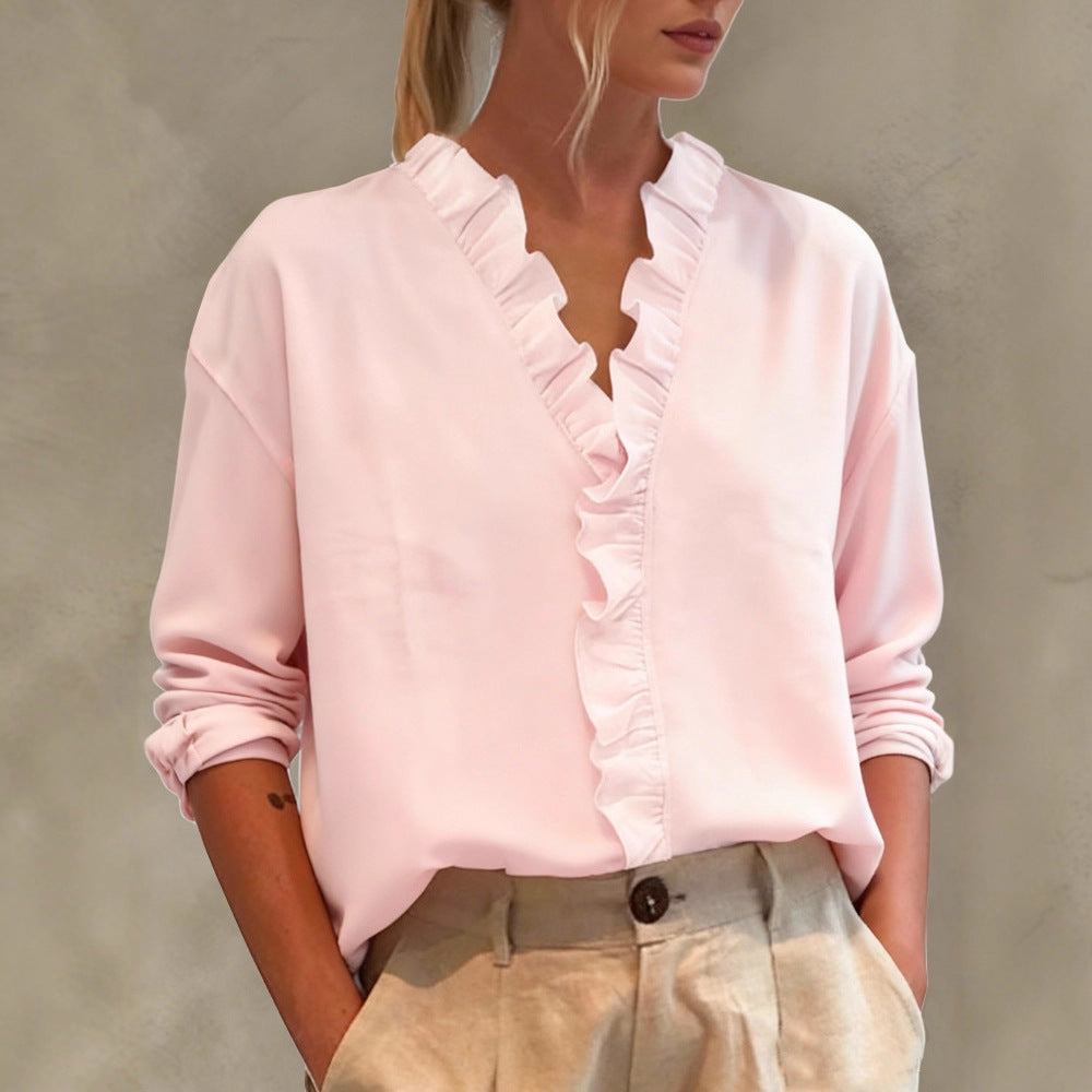 Womens Casual Long-sleeve V-neck Blouse With Lace Trim