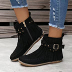 Retro Ankle Boots with Rivet Tassel Side Zipper Flat Shoes