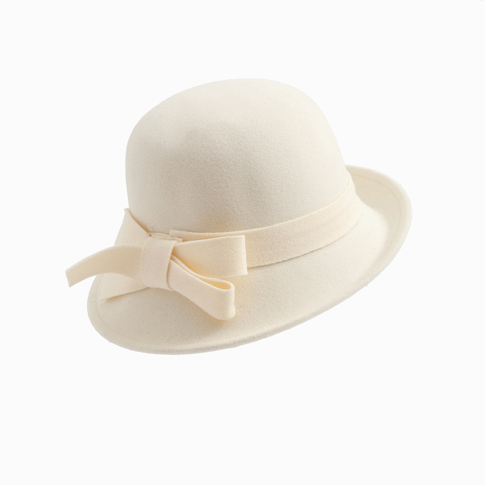 French-Style Elegant Retro Woolen Bowler Hat Curling Bow