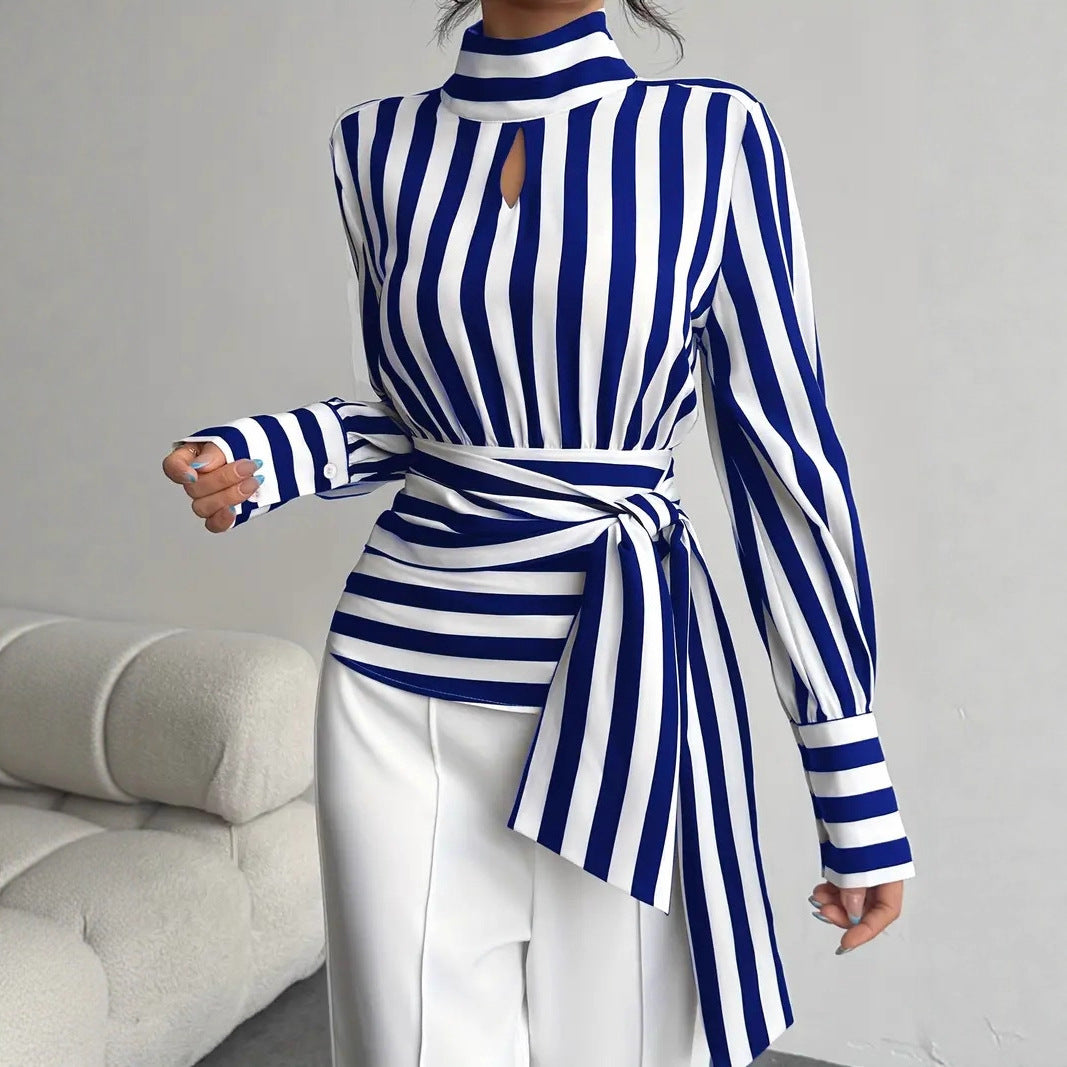 Vintage Scarf-Neck Striped Blouse with Waist Tie