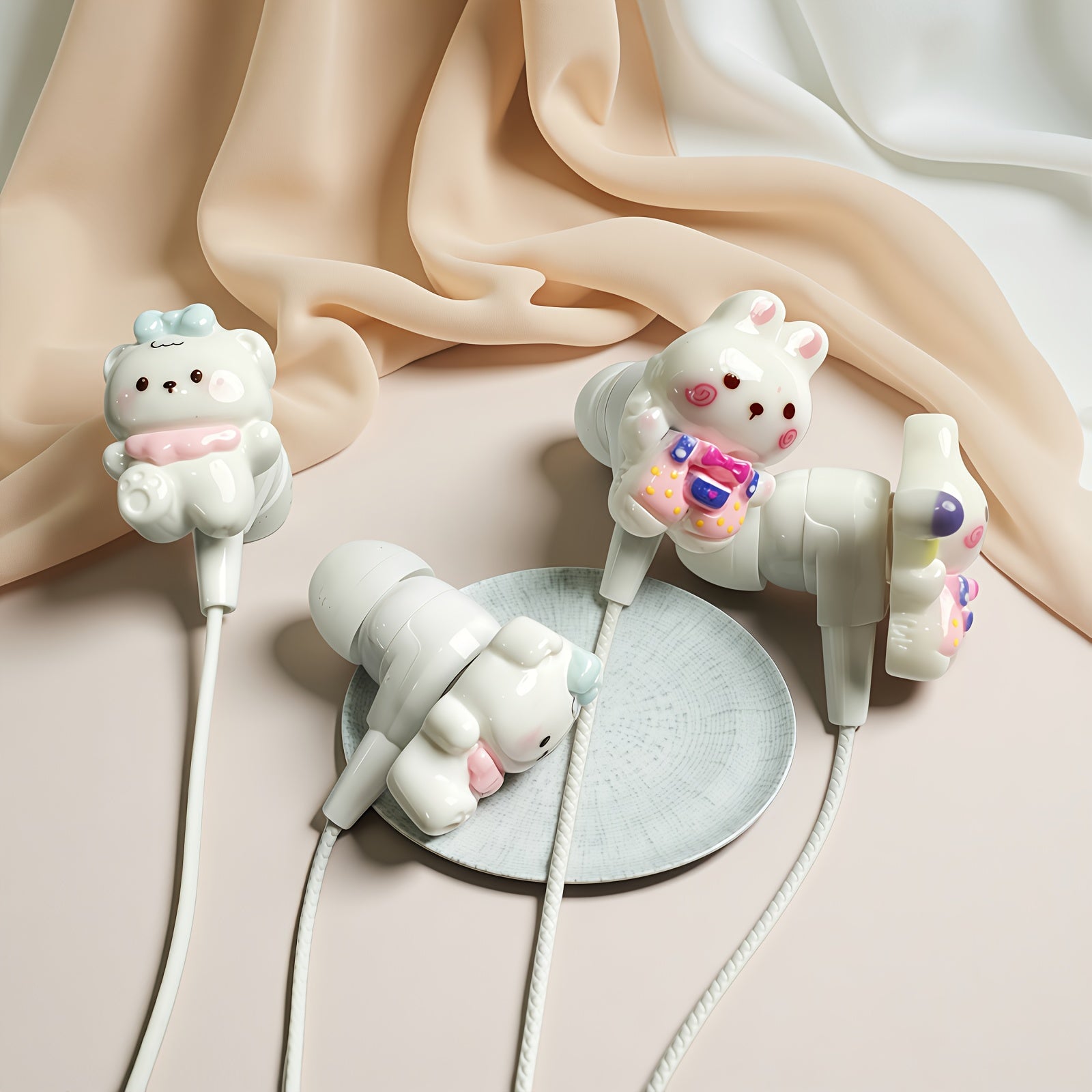 Adorable Bunny-Themed Wired Headphones Featuring Cute Additions, Designed As In-Ear Cartoon Headsets for Music. These Student Headphones Come with a Built-In Microphone, Volume Control, And Song Adjustment Buttons