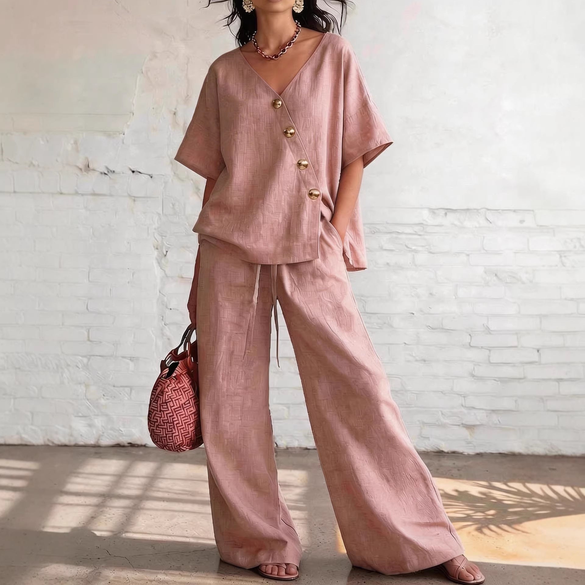 Cotton-Linen V-Neck Wide-Leg Set
