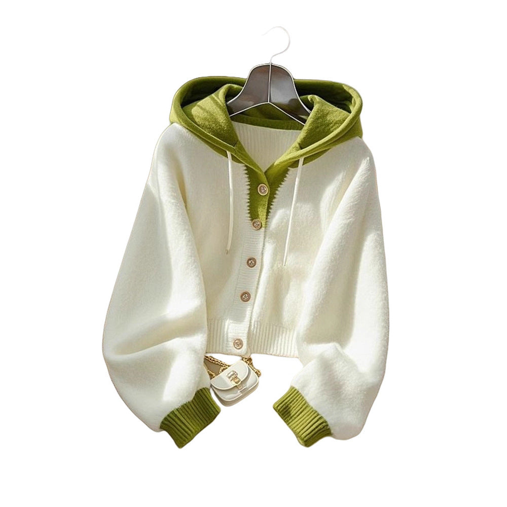 Two-Tone Hooded Knit Cardigan Sweater