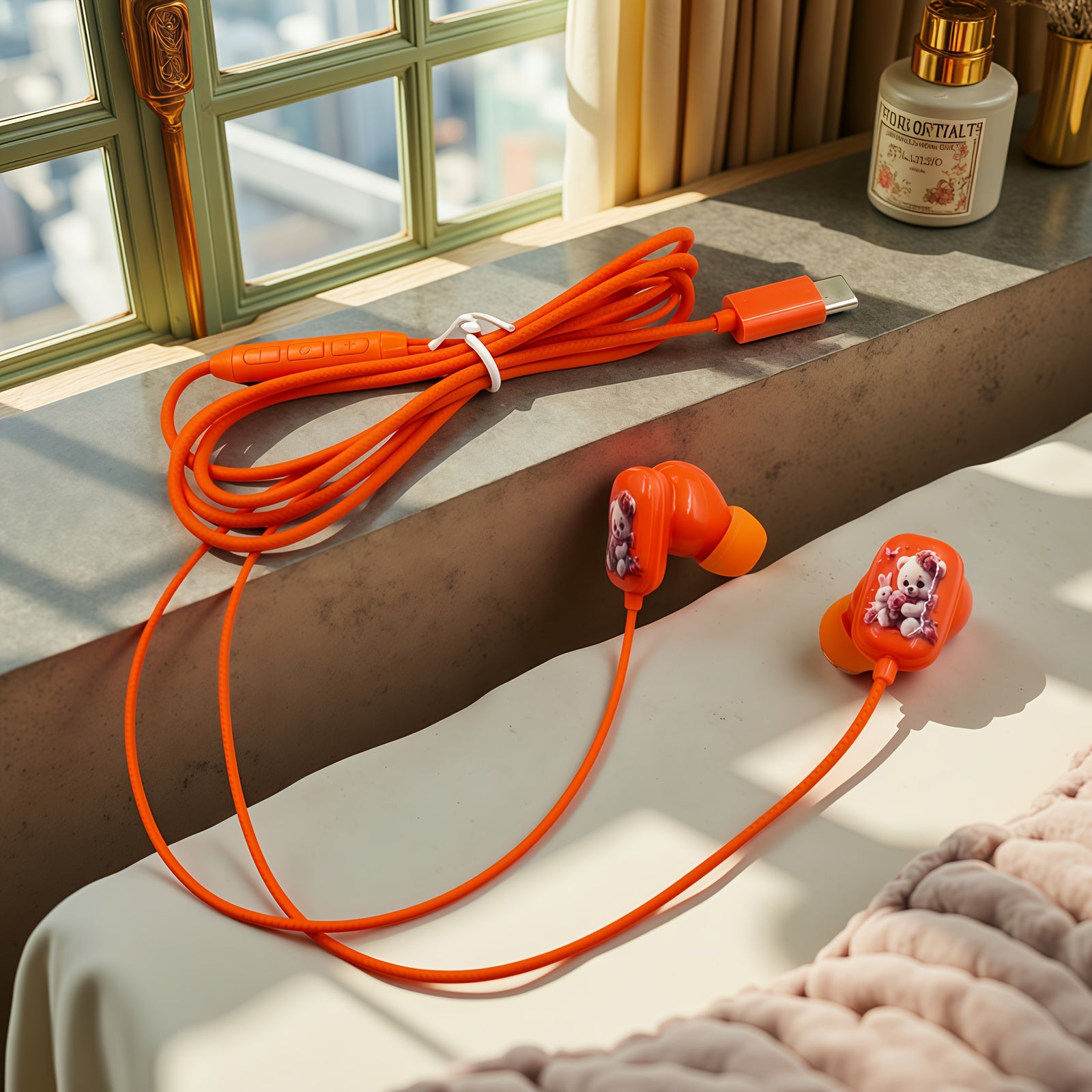 This Newly Designed Wired Headset Features a Cartoon Style with a Cute Bear Pattern Printed on a Flat Surface. It Offers High-Definition Sound Quality for Music And Gaming, Comes with a Built-In Microphone