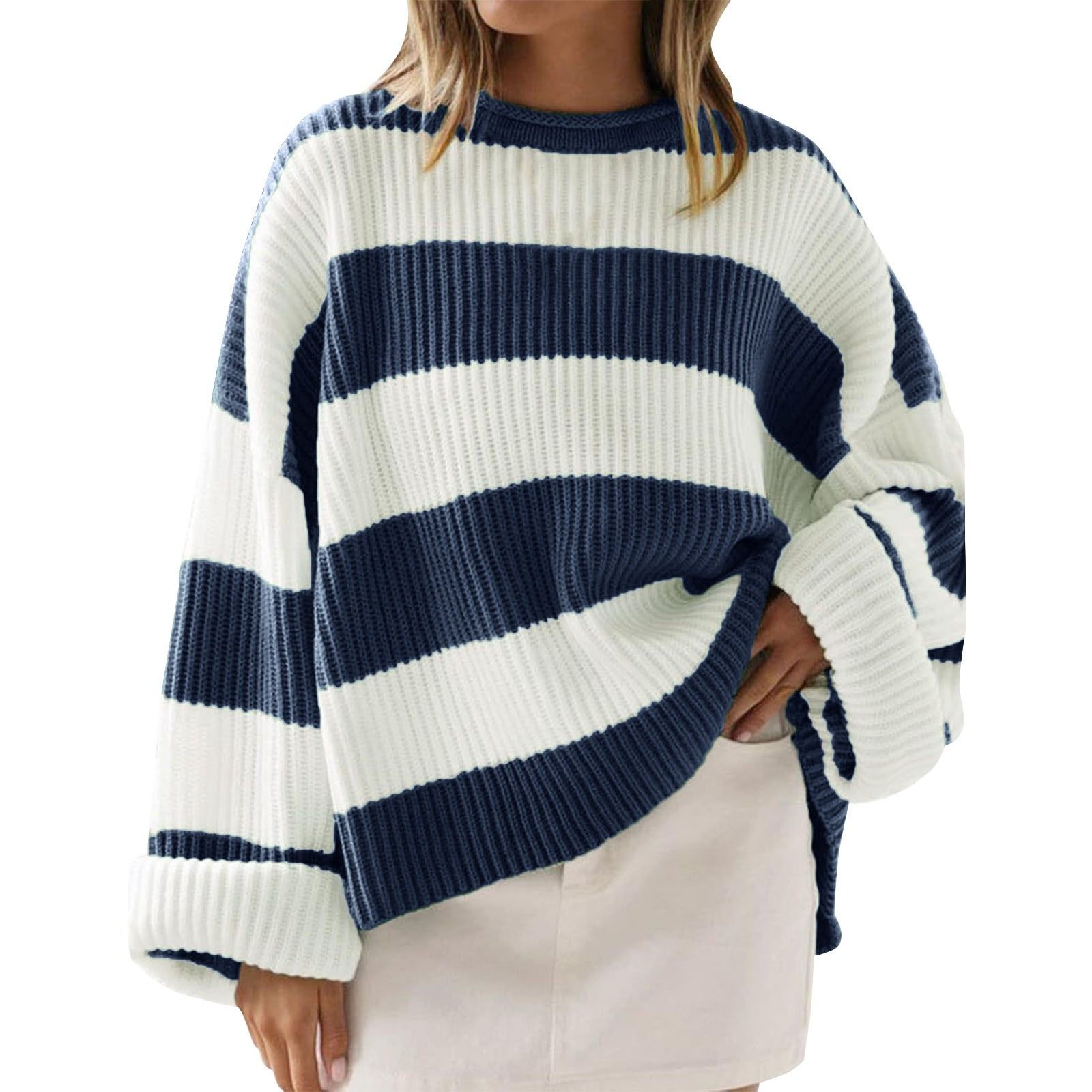 Oversized Batwing Sleeve Striped Knit Sweater