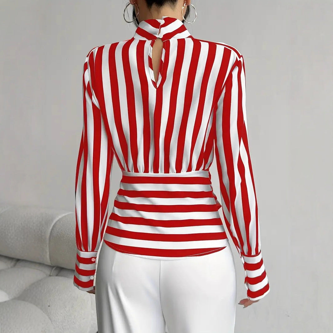 Vintage Scarf-Neck Striped Blouse with Waist Tie