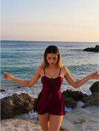 Burgundy Ruched Swim Dress with Flared Skirt
