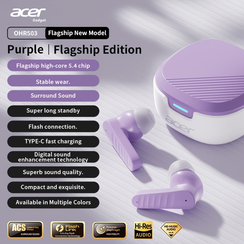 ACER OHR503 Wireless Headphones Offer Extended Standby Time, High-Fidelity Stereo Sound, Smart Noise Cancellation for Calls, Low Latency for Gaming, And a Comfortable Fit Suitable for Travel, Sports, Work, Study