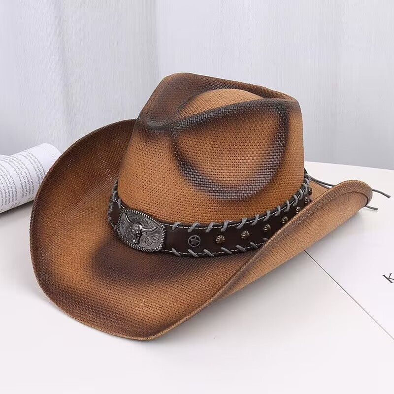 Retro Straw Cowboy Hat with Adjustable Star Accent Band