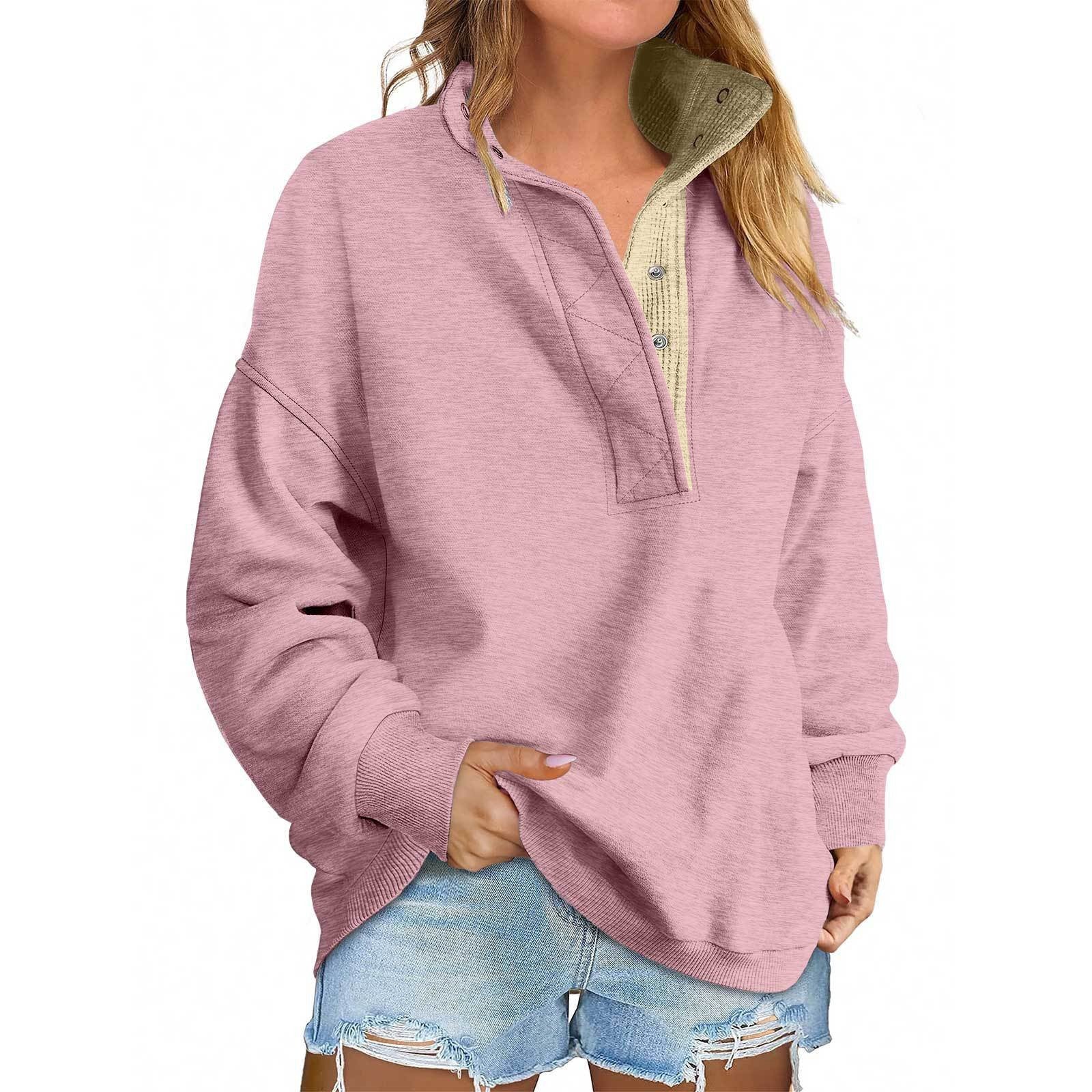 Floral Accent Buttoned Stand-Collar Pullover
