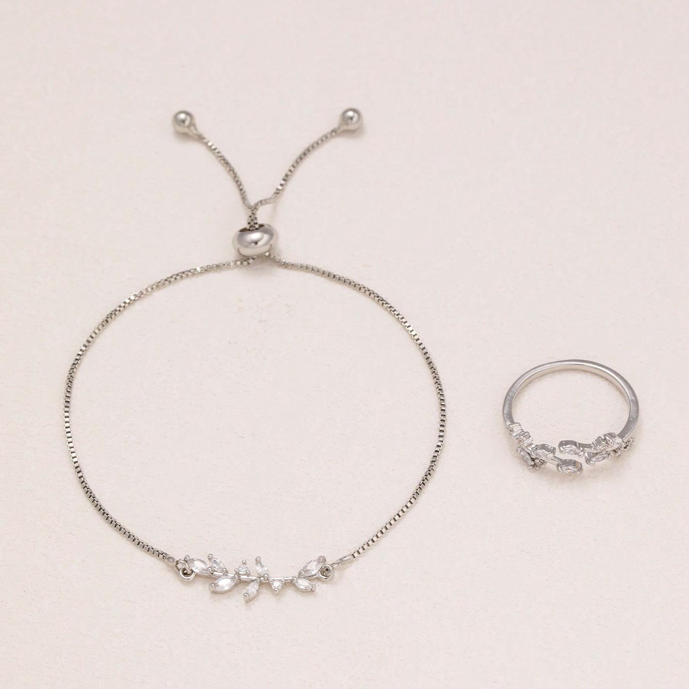2pcs Silver Crystal Zircon Leaf Adjustable Bracelet and Ring Set