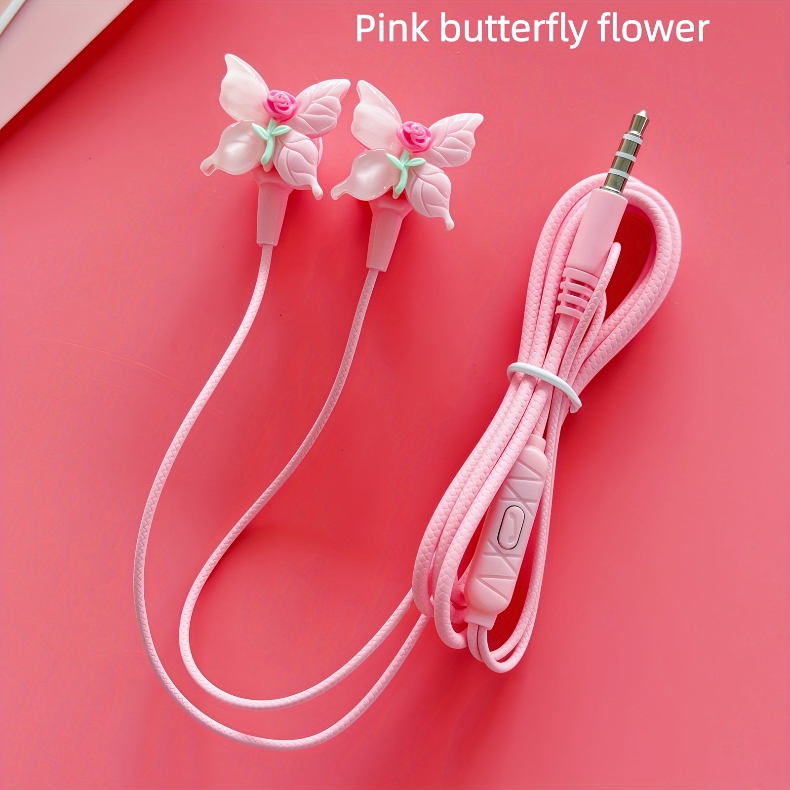New pink wired headphones equipped with DIY cute butterfly flower accessories, in-ear fashion fun headset, button microphone high-definition sound quality noise-canceling headphones, plug and play without charging,comfortable