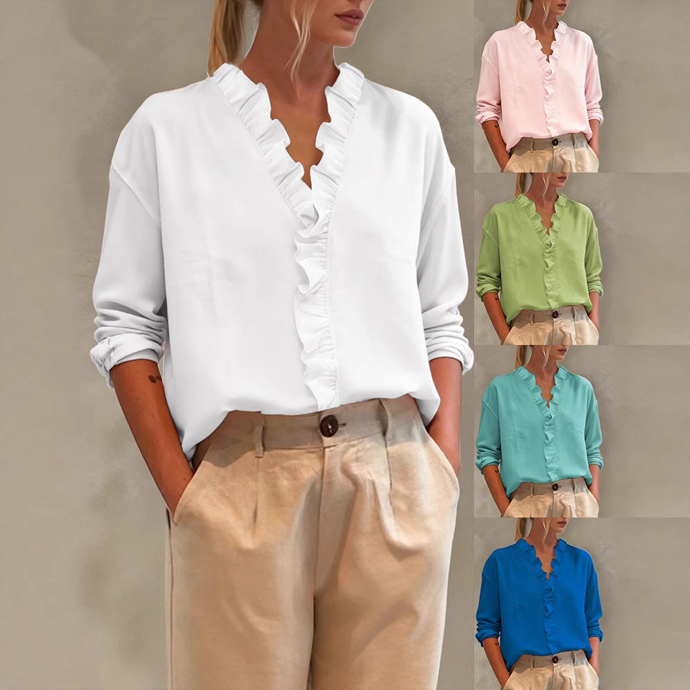 Womens Casual Long-sleeve V-neck Blouse With Lace Trim