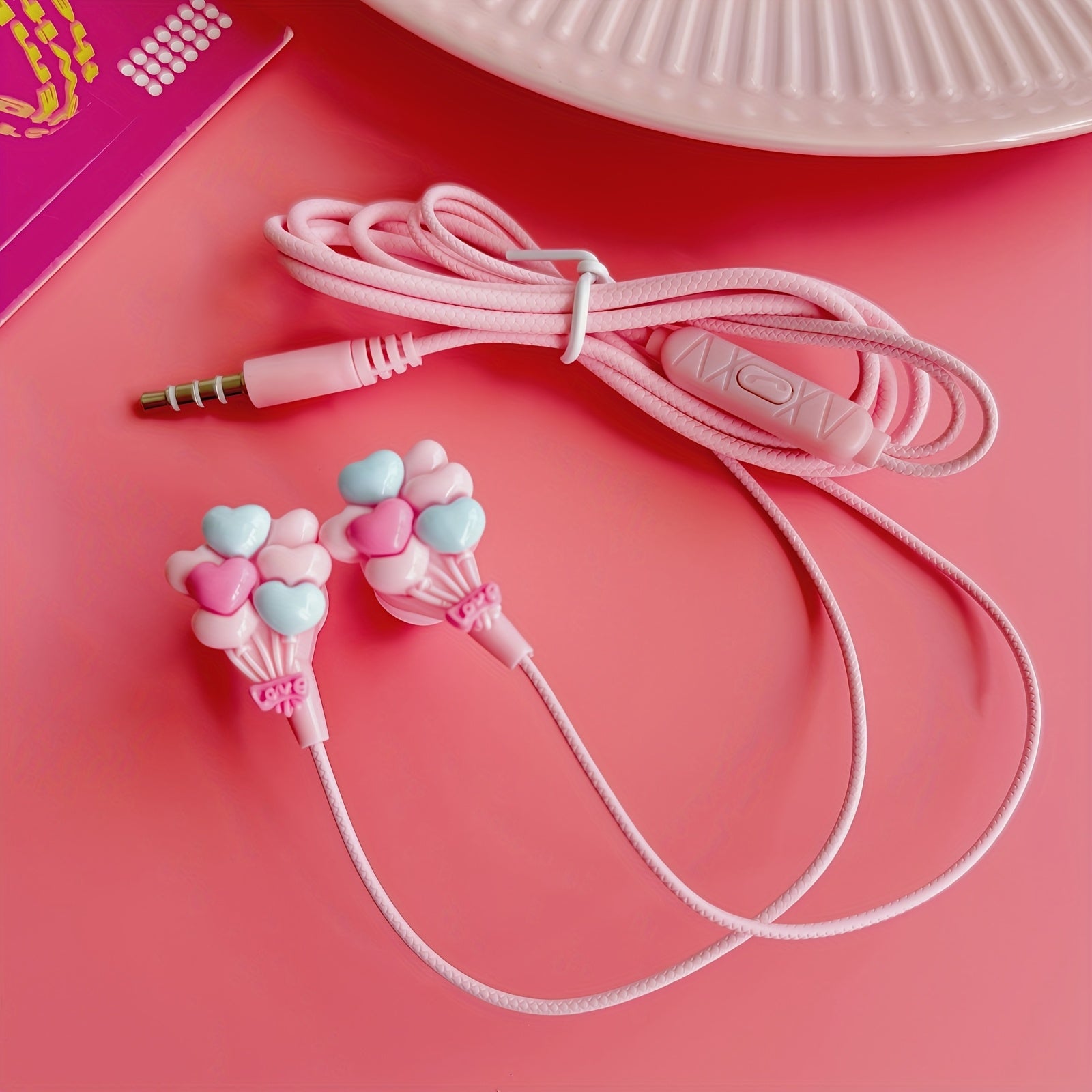DIY cute strawberry shape pink wired headset,3.5mm socket compatible with all 3.5mm interface equipment,Built-in HD microphone,Stereo high-definition call mobile phone headset, durable round cable,comfortable earplugs,Suitabl