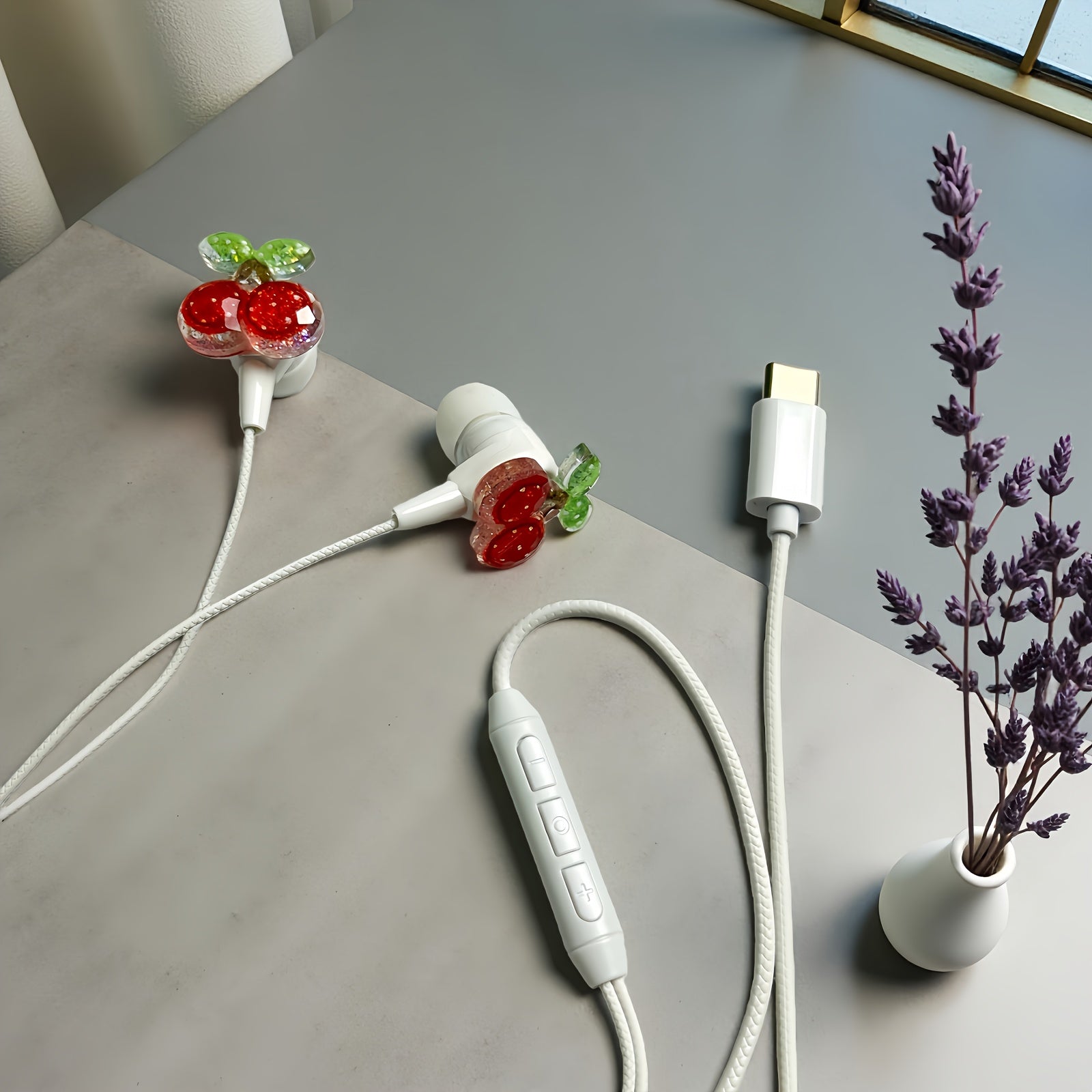 Cute Shiny Cherry & Love Design Cartoon Wired Headset,Equipped with DIY Cherry & Love Accessories,Lightweight Design, Comfortable, Durable Cable,HD Sound Quality Music Headset Built-in Microphone,Song Adjustment & Volume Cont