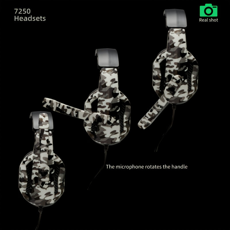 Headset with Microphone for PS4 PS5pcs XBOX ONE SWITCH | Ergonomic Design, Comfortable Wear, Gray Camouflage, Sound Isolation, Wired, Volume Control, Retractable Cable, 3.5mm Jack, USB Powered