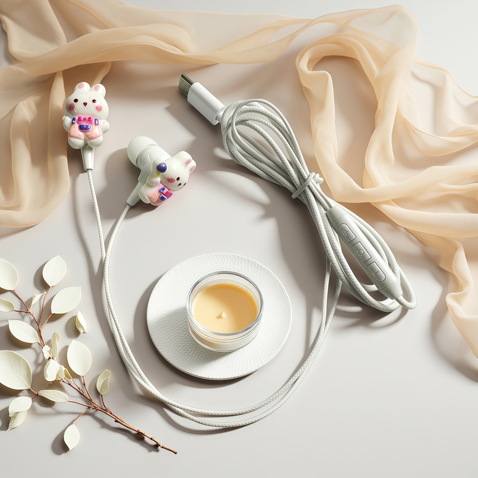 Adorable Bunny-Themed Wired Headphones Featuring Cute Additions, Designed As In-Ear Cartoon Headsets for Music. These Student Headphones Come with a Built-In Microphone, Volume Control, And Song Adjustment Buttons