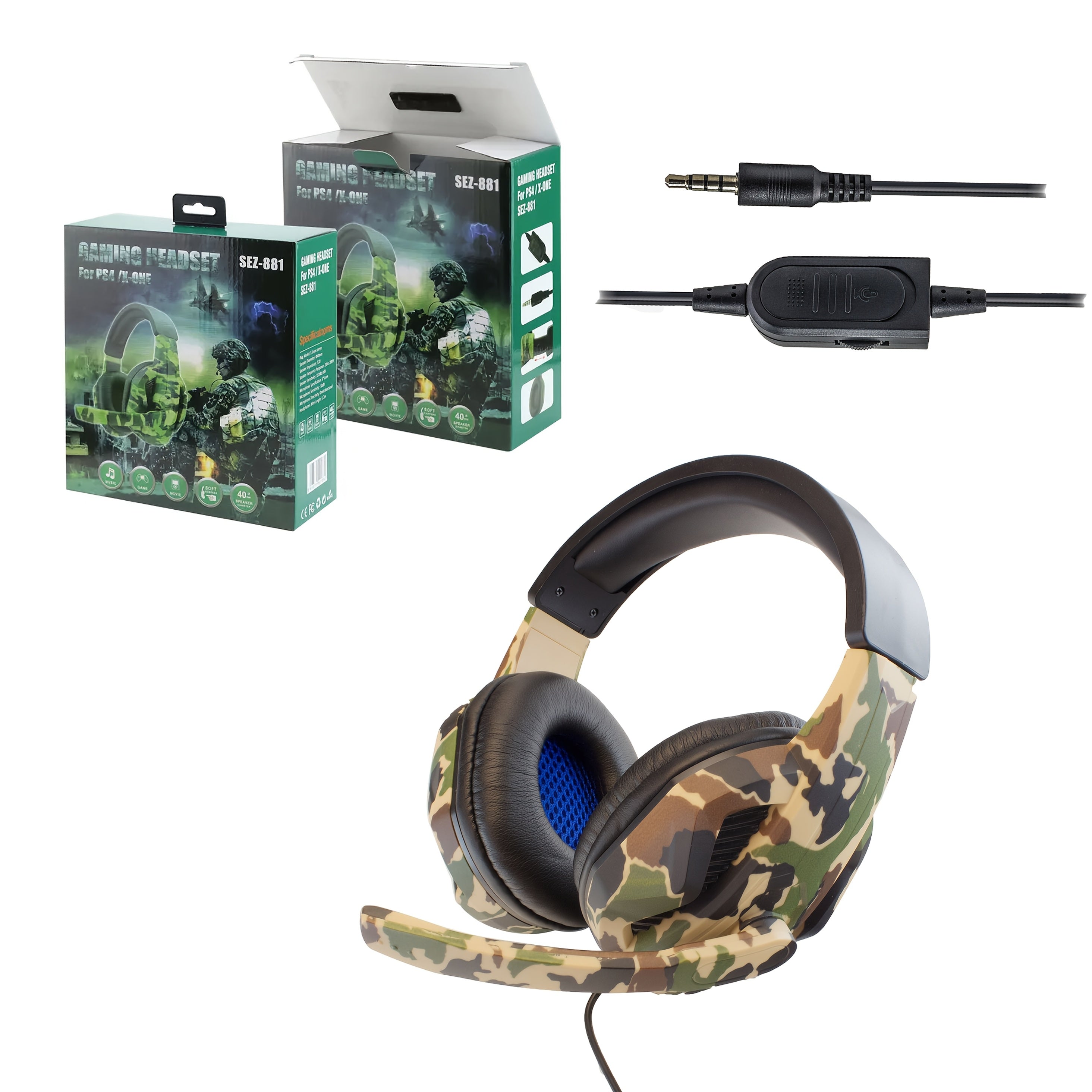 CAMOUFLAGE GAMINGBIG HEADPHONES, HEADSET MICROPHONE, FOR PS4, PS5pcs, XBOX, ONE SWITCH, MOBILE GAMES, OFFICE AND STUDY, ERGONOMIC DESIGN, COMFORTABLE TO WEAR