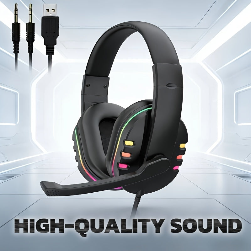 Wired Over-Ear Headphones with LED Lighting, Gaming Headset with Noise-Isolating Ear Cushions, 3.5mm Jack, Broadcast-Grade Microphone, Volume Control, Suitable for PC, Laptop, Gaming, and Office Use