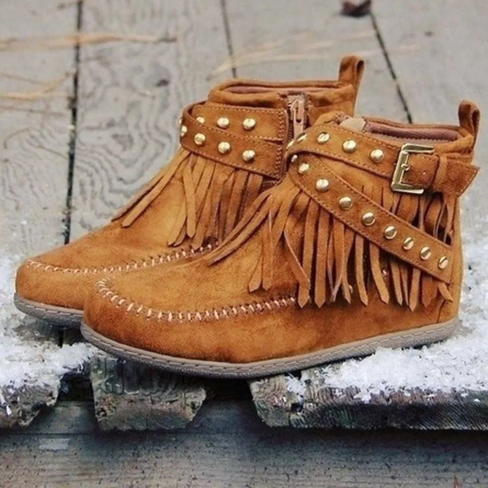 Retro Ankle Boots with Rivet Tassel Side Zipper Flat Shoes